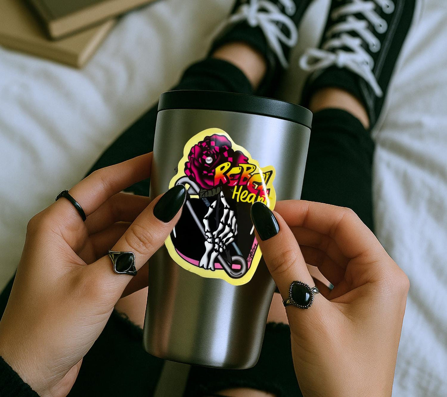 Rebel Heart Punk Sticker: Skeleton Hand, Rose, Safety Pin - Waterproof Die Cut