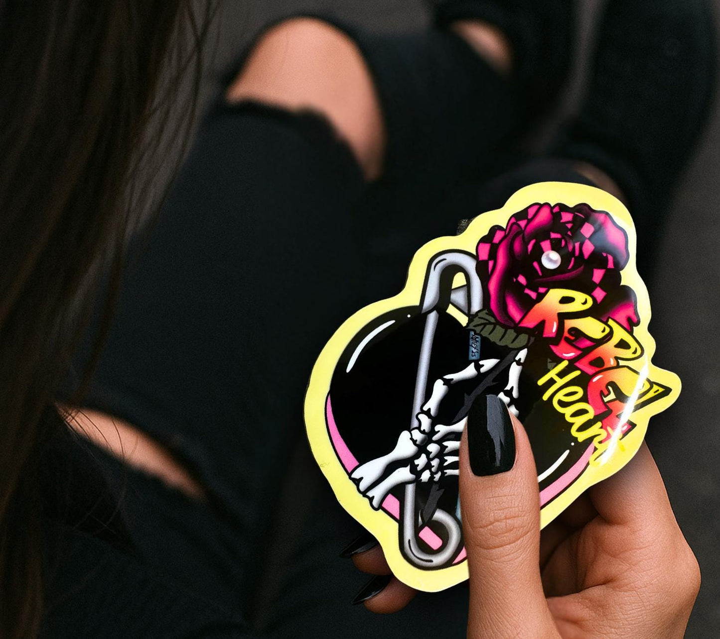 Rebel Heart Punk Sticker: Skeleton Hand, Rose, Safety Pin - Waterproof Die Cut