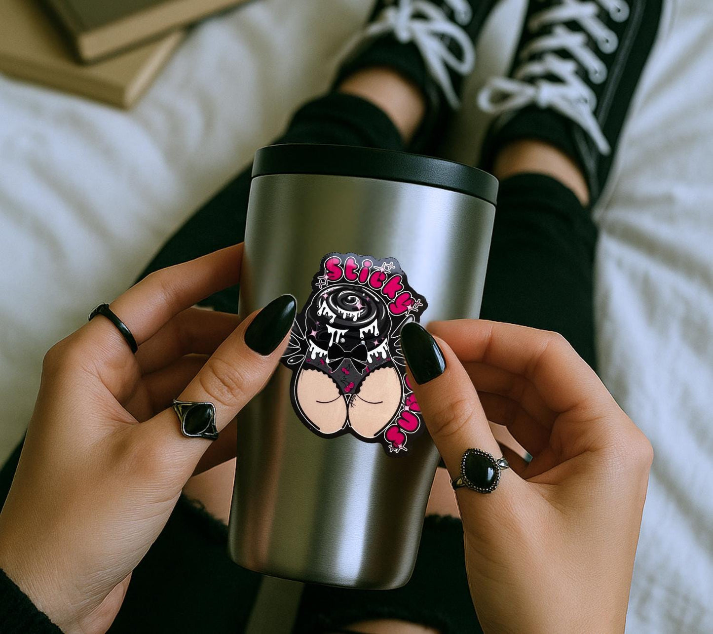 Naughty Goth Sticky Buns Sticker – Waterproof Die Cut, Glossy or Holographic Finish, Fun Gothic Humor Decal