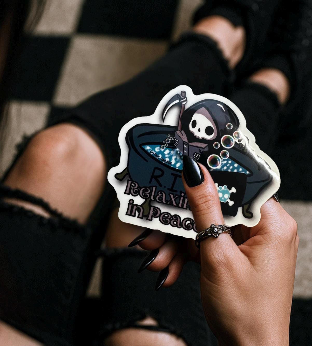RIP Grim Reaper Waterproof Sticker: Gothic Humor, Glossy or Holographic