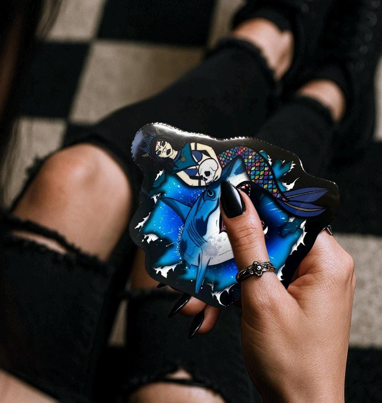 Gothic Siren & Shark Sticker: Waterproof Horror Decal