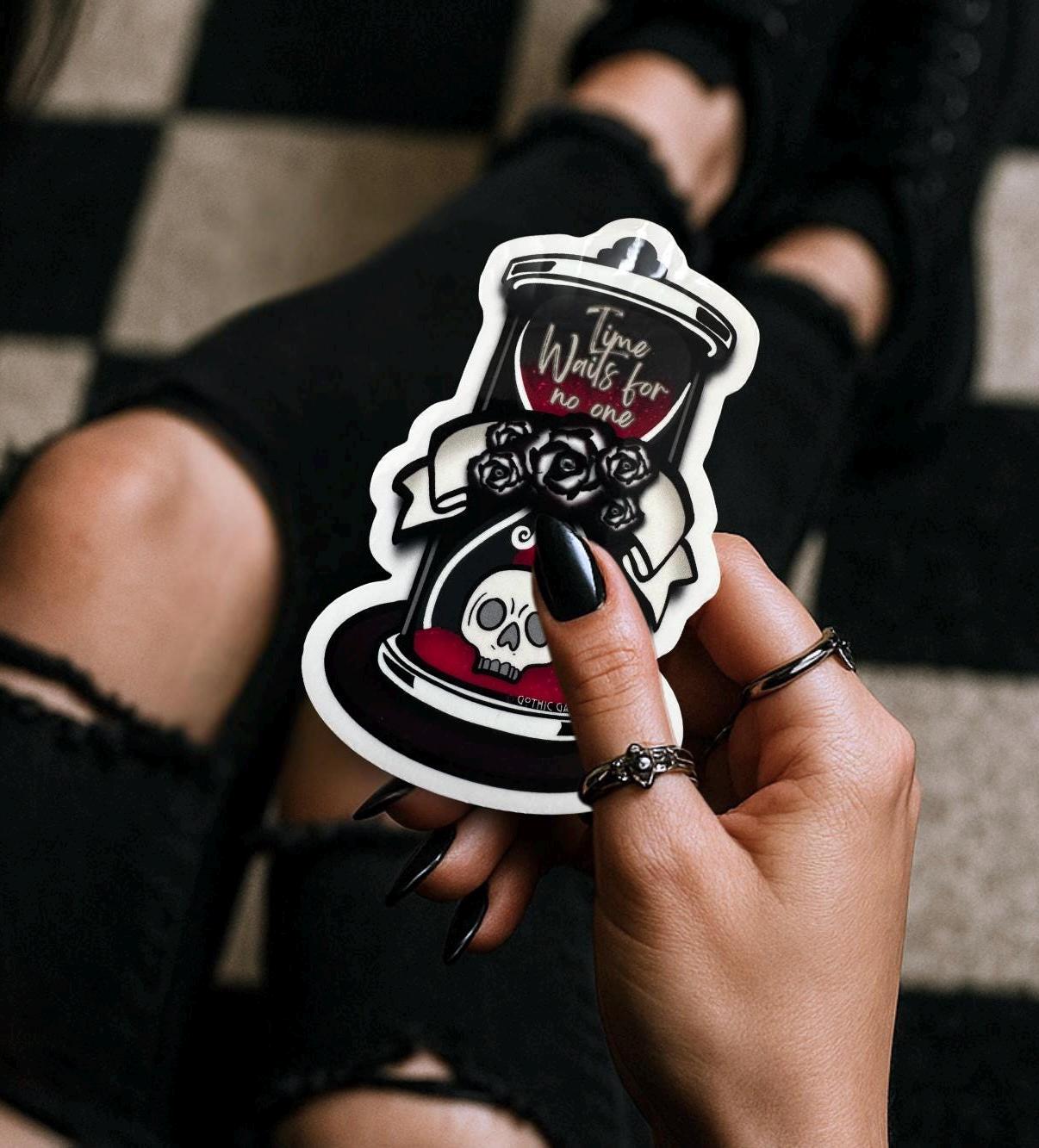 Skull Hourglass Sticker: Gothic Waterproof Die Cut, Glossy or Holographic
