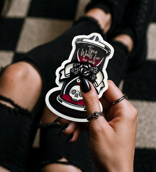 Skull Hourglass Sticker: Gothic Waterproof Die Cut, Glossy or Holographic
