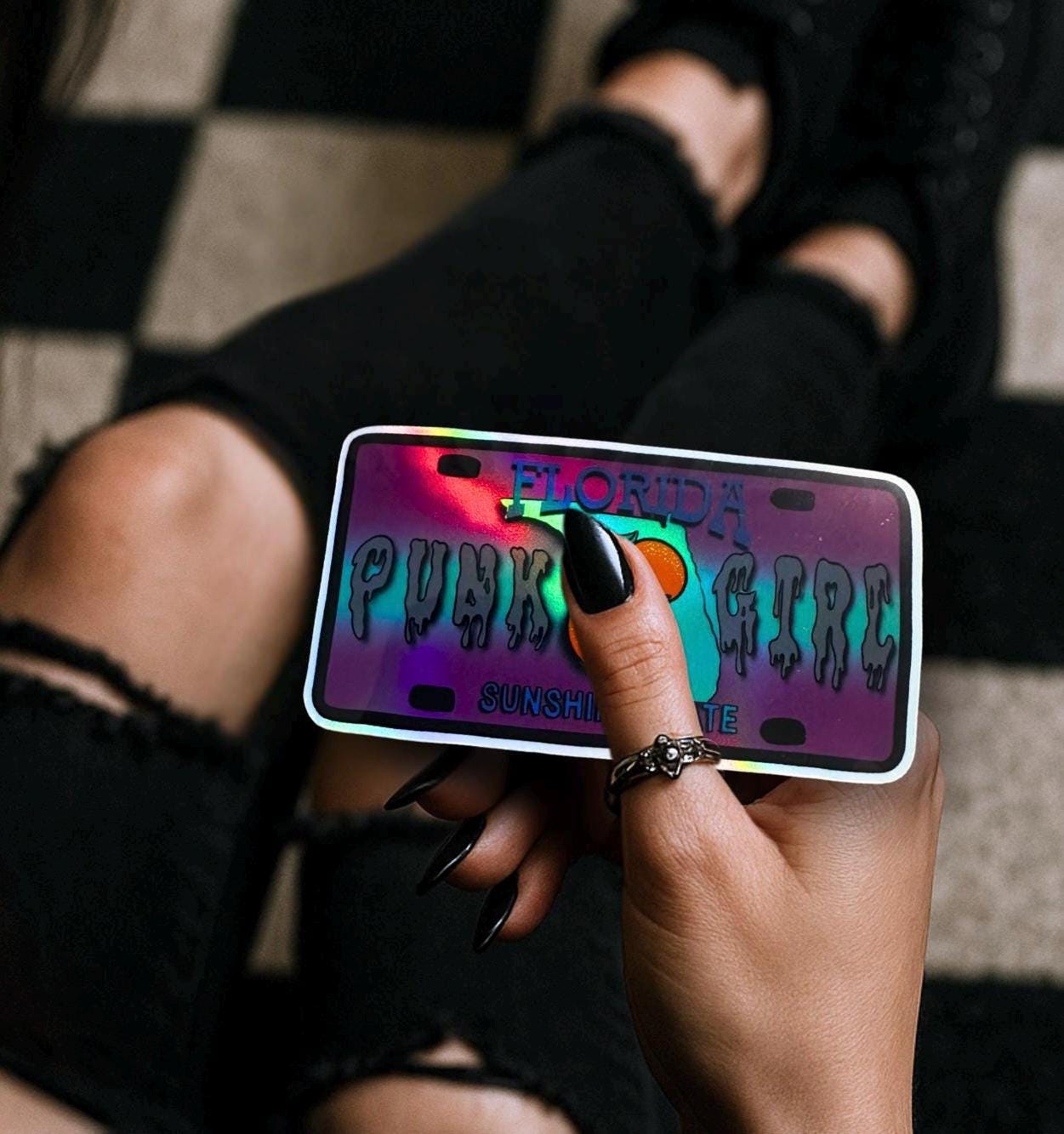 State Goth Girl License Plate, Customize Your Waterproof Die Cut Sticker, Choose Between Glossy or Holographic, Perfect Fun to any Surface