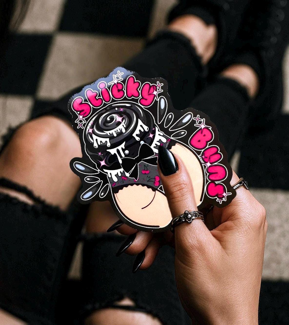 Naughty Goth Sticky Buns Sticker – Waterproof Die Cut, Glossy or Holographic Finish, Fun Gothic Humor Decal