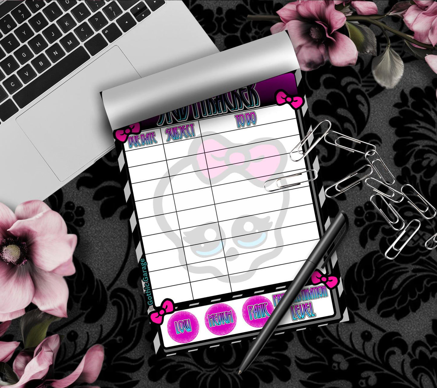 Gothic Study Tracker Notepad – Cute Pastel Skull Planner for Students & Procrastinators