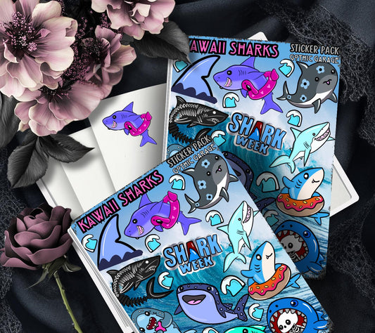 Kawaii Sharks Sticker Sheet– Goth Cute & Spooky Ocean Stickers