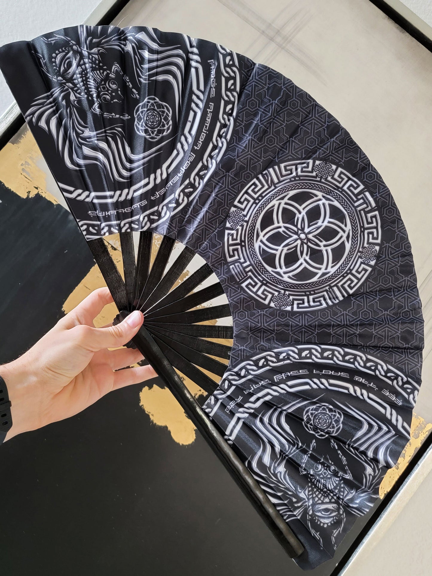 FOREVER EVOLVING SCARAB ✦ BLACK/WHITE Bamboo Fan